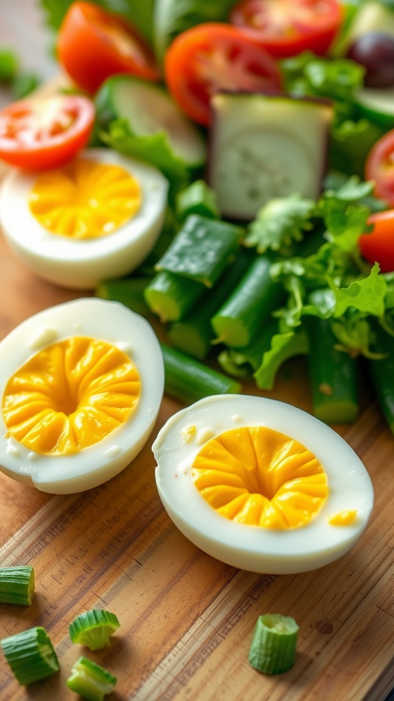 Perfectly cooked air fryer boiled eggs sliced in half, showcasing creamy yolks next to a fresh salad.